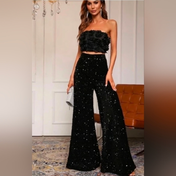 Faeriesty Pants - Chic Black Sequin Wide-Leg Pants